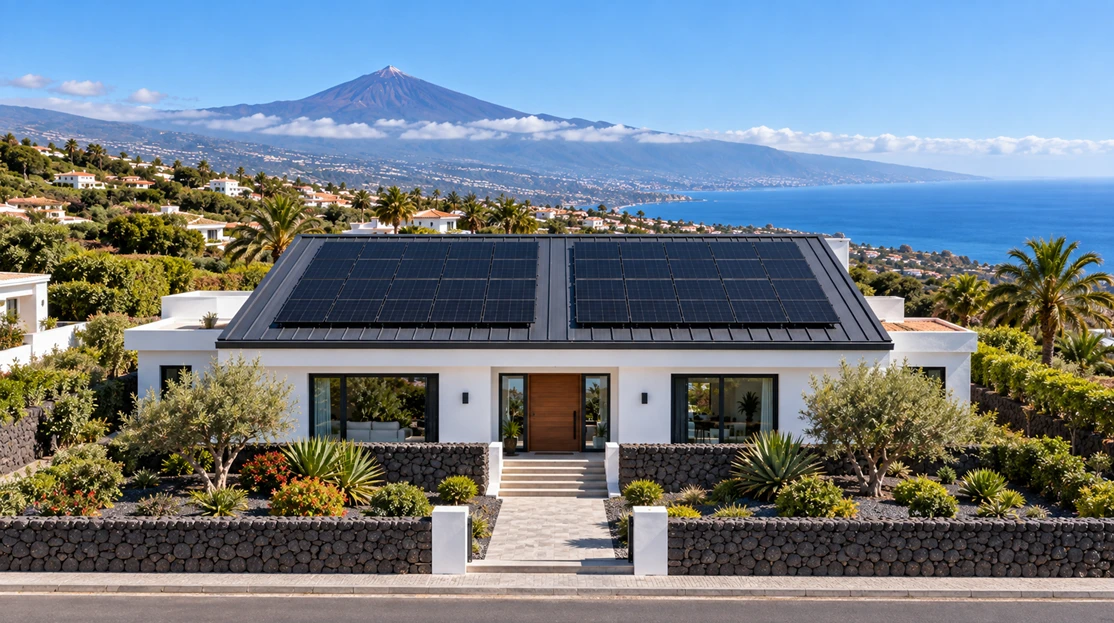 Vivienda con paneles solares, jardín, océano y Teide al fondo.